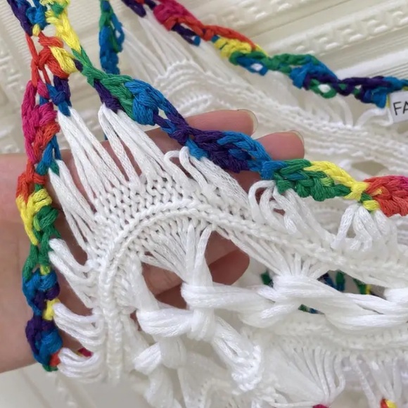 White Rainbow-Color Boho Tassel Beach Cover-Up Dress - Picture 9 of 11